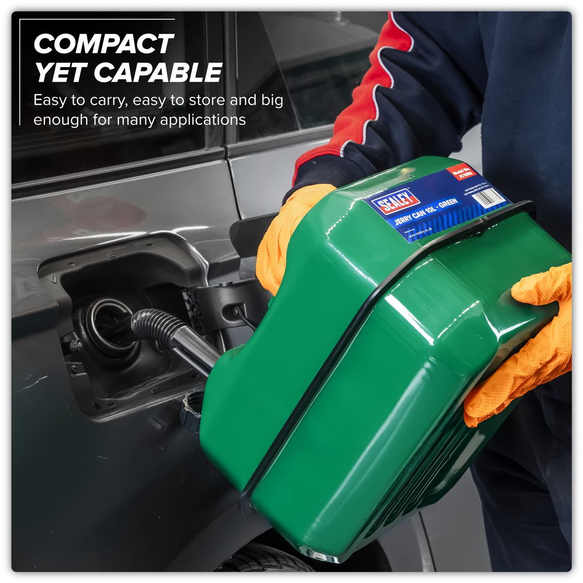Sealey Jerry Can 10L Green With Pouring Spout Wide Flat Design JC10RG