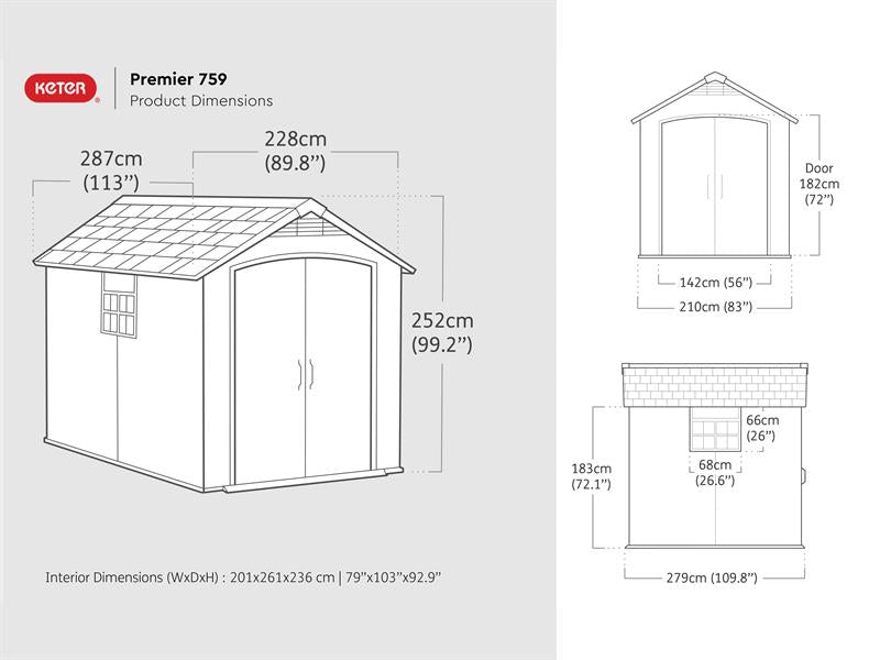 Keter Premier Shed Grey 7.5 x 9ft Capacity 395 cu. ft Entry 142cm. KET255235