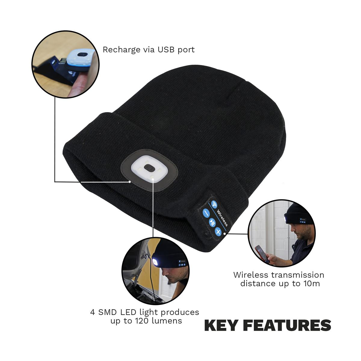 Sealey Beanie Hat 1W SMD LED USB Rechargeable with Wireless Headphones LED185W