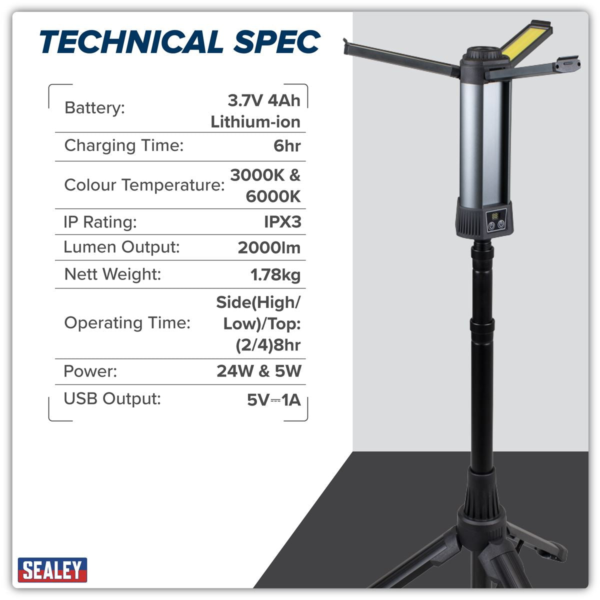 Sealey Rechargeable Flexible Floodlight Tripod 24W COB LED & 5W SMD LED LED240