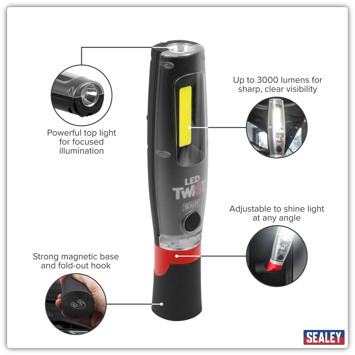 Sealey Rechargeable LED Twist® Inspection Light 20W COB & 3W SMD, 3000lm, Magnetic Base & Power Bank LED3001
