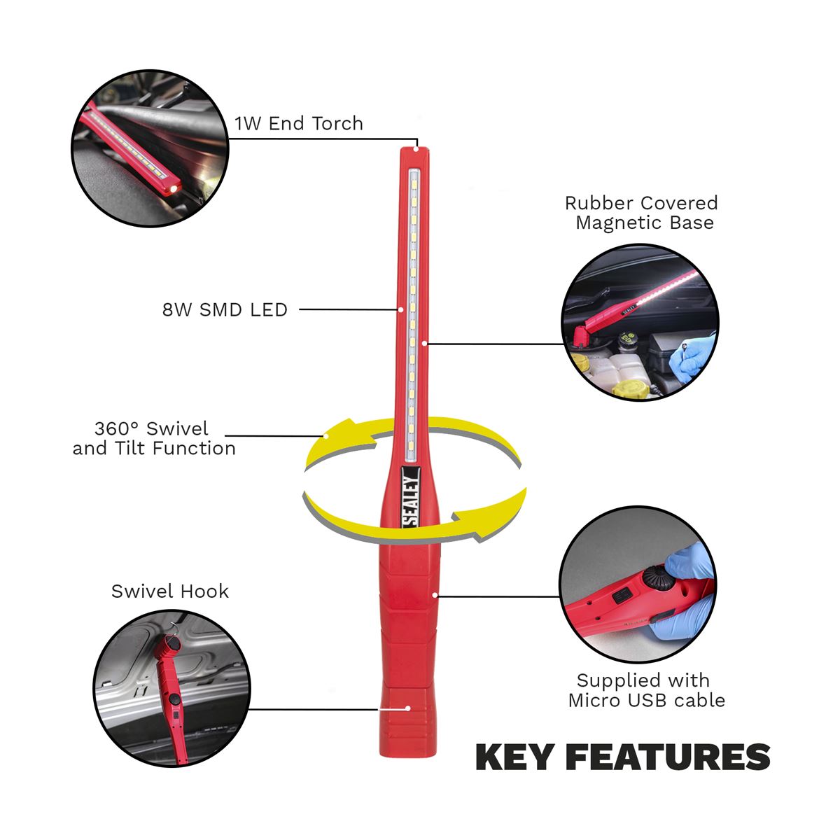 Sealey Rechargeable 360� Slim Inspection Light 8W & 1W SMD LED Red Lithium-ion LED3604R
