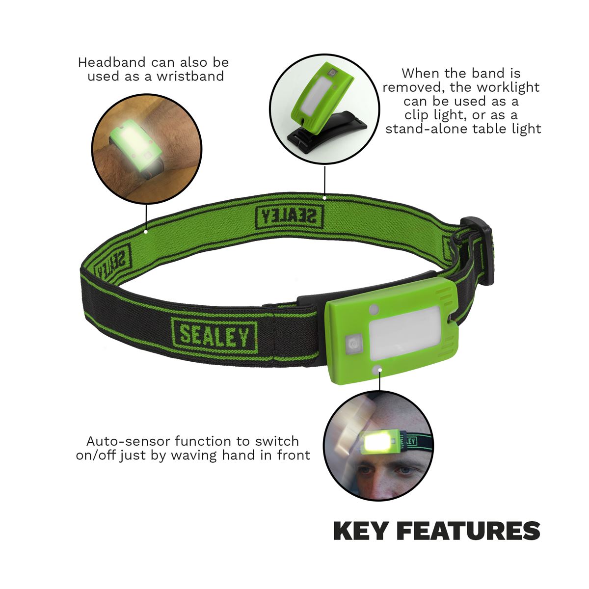 Sealey Rechargeable Head Torch 2W COB LED Auto-Sensor Green LED360HTG