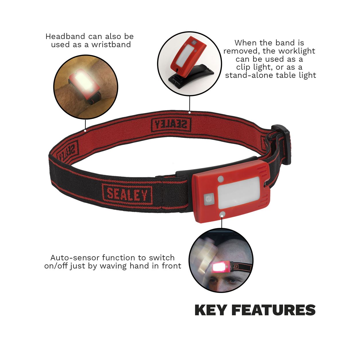 Sealey Rechargeable Head Torch 2W COB LED Auto-Sensor Red LED360HTR