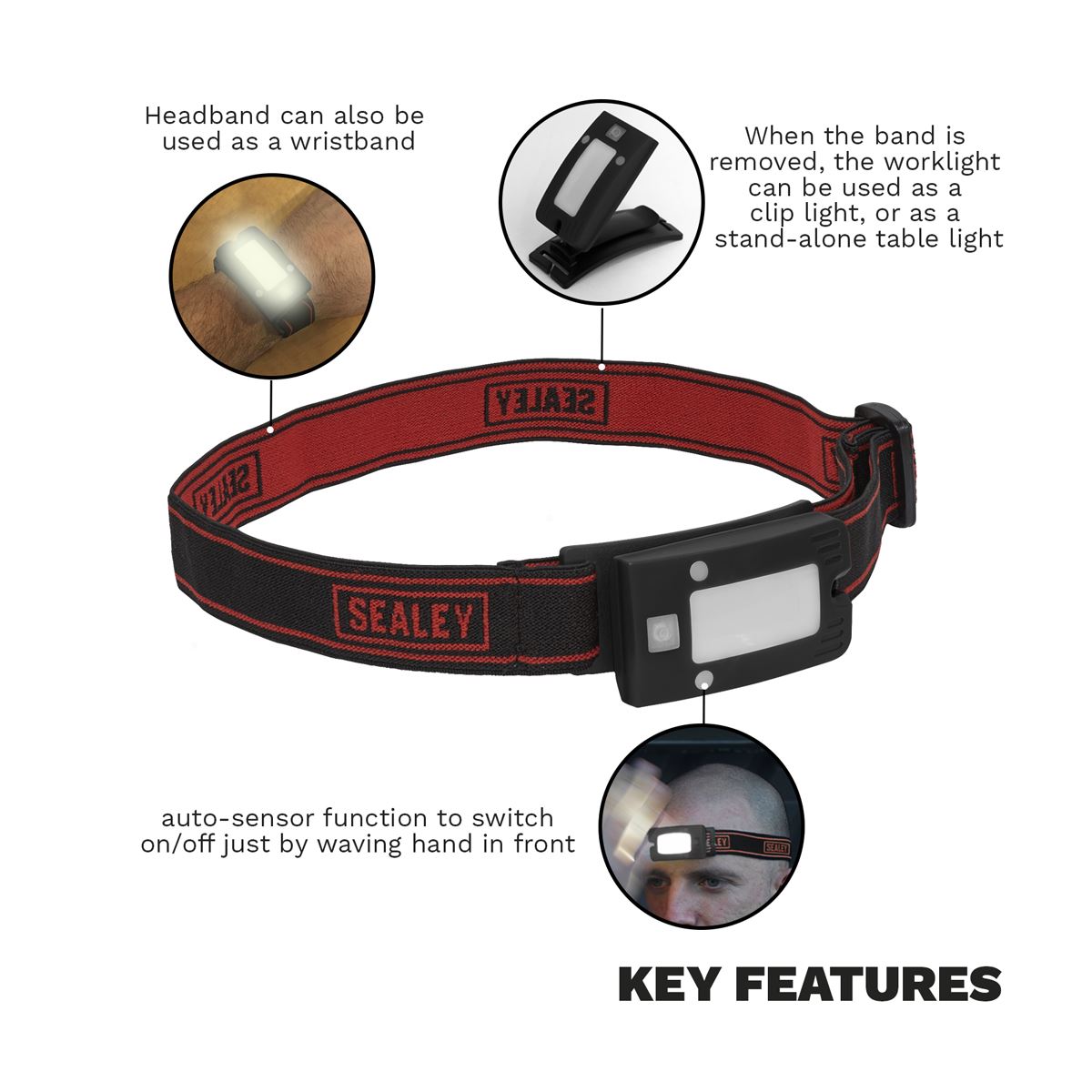 Sealey Rechargeable Head Torch 2W COB LED Auto-Sensor Black LED360HT