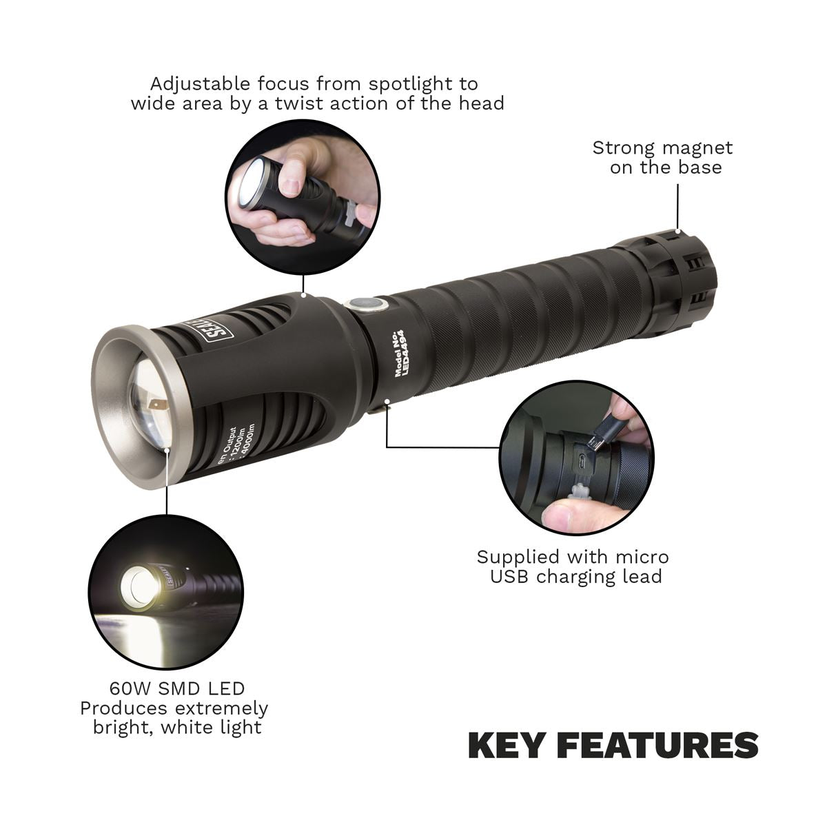 Sealey Aluminium Torch 60W COB LED Adjustable Focus Rechargeable with USB Port LED4494