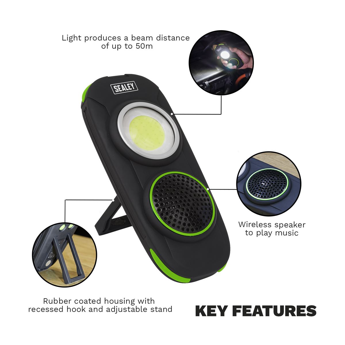 Sealey Rechargeable Torch with Wireless Speaker 10W COB LED LED50WS
