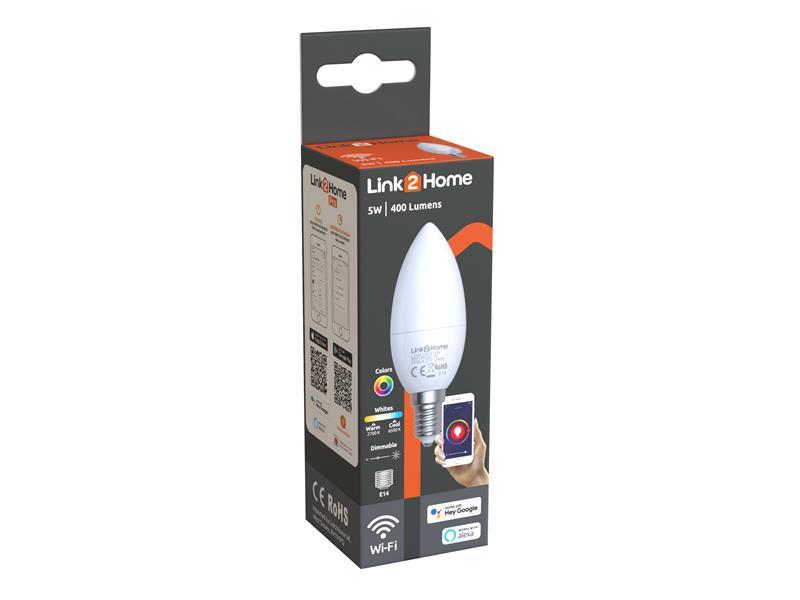 Link2Home Wi-Fi LED SES (E14) Opal Candle Dimmable Bulb, White + RGB 400 lm 5W LTHE145W