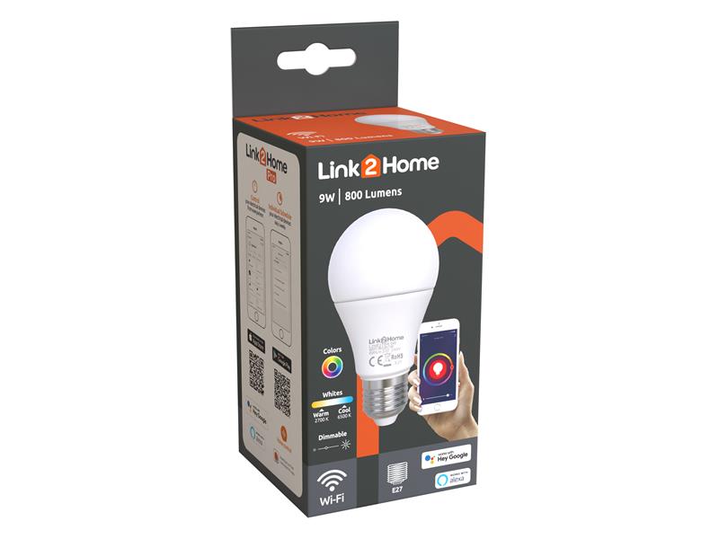 Link2Home Wi-Fi LED ES (E27) Opal GLS Dimmable Bulb, White + RGB 800 lm 9W LTHE279W