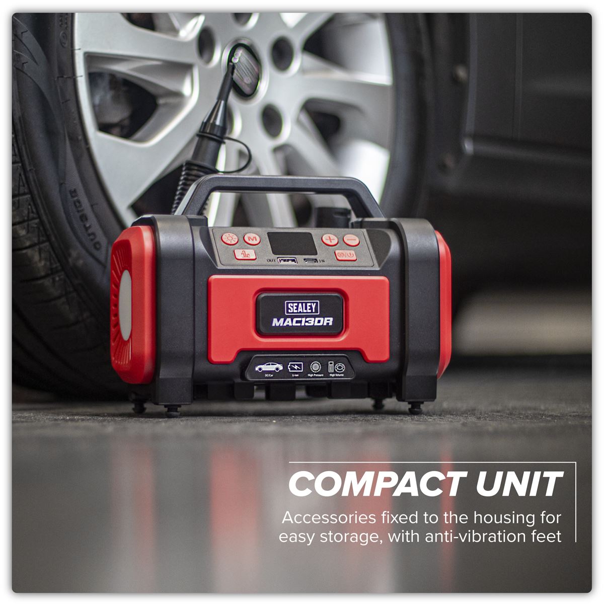 Sealey Rechargeable Tyre Inflator & High Volume Air Pump 12V 0-120psi MAC13DR