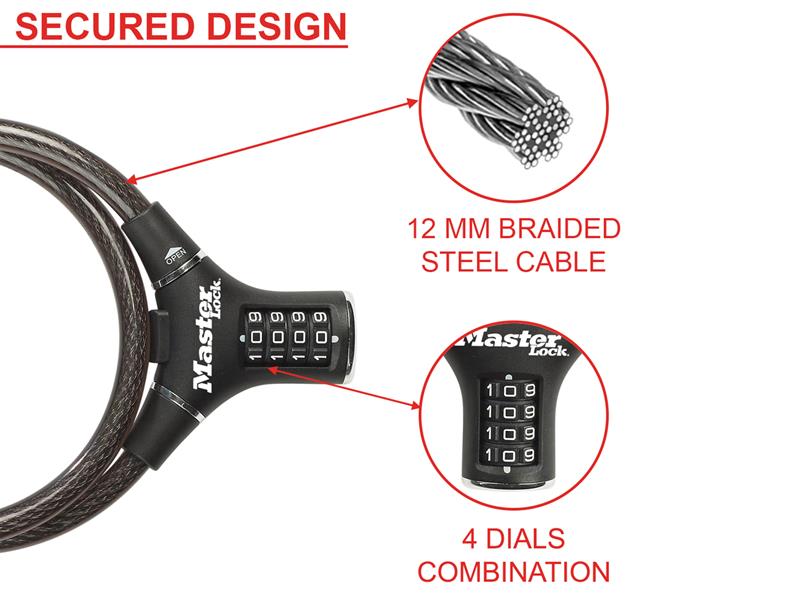 Master Lock Black Steel Rigid Combination Cable 0.9m x 12mm MLK8229E