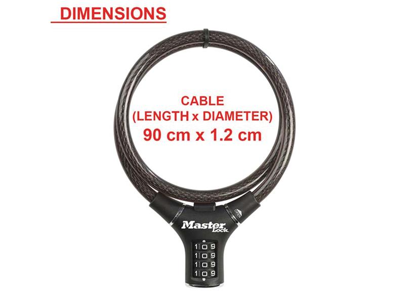 Master Lock Black Steel Rigid Combination Cable 0.9m x 12mm MLK8229E