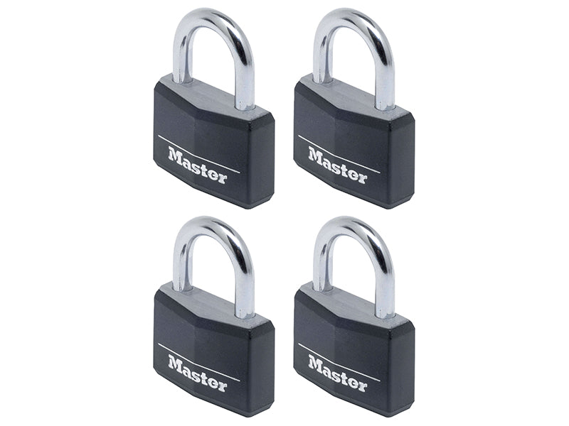 Master Lock Aluminium Black Vinyl Cover 40mm Padlock 4-Pin - Keyed Alike x 4 MLK9140QBLK