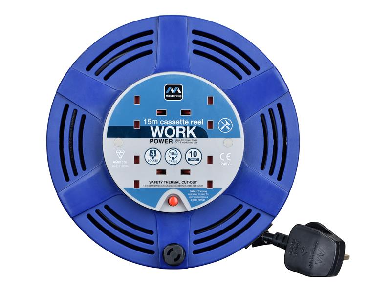Masterplug Cassette Cable Reel 240V 10A 4-Socket Thermal Cut-Out Blue 15m MSTLCT15104R