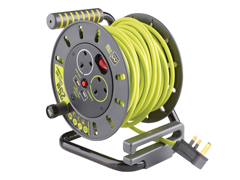 Masterplug PRO-XT Open Cable Reel 240V 13A 2-Socket & 2 USB (2.1A Shared) 25m MSTOMU25132