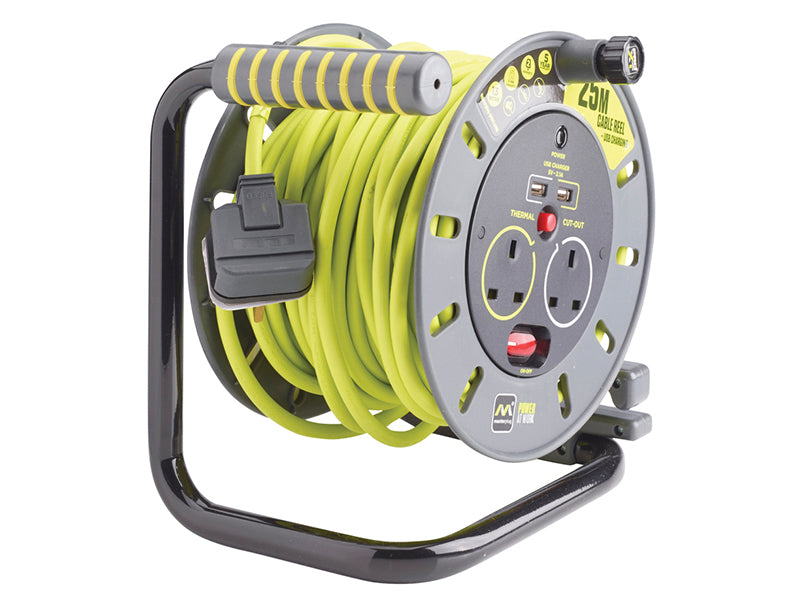 Masterplug PRO-XT Open Cable Reel 240V 13A 2-Socket & 2 USB (2.1A Shared) 25m MSTOMU25132