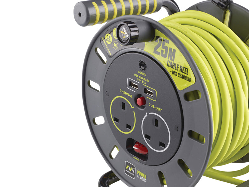 Masterplug PRO-XT Open Cable Reel 240V 13A 2-Socket & 2 USB (2.1A Shared) 25m MSTOMU25132