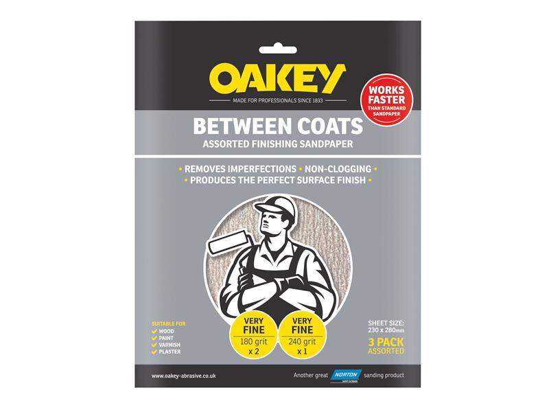 Oakey Between Coats Finishing Sandpaper 230 x 280mm Assorted (3) OAK58625