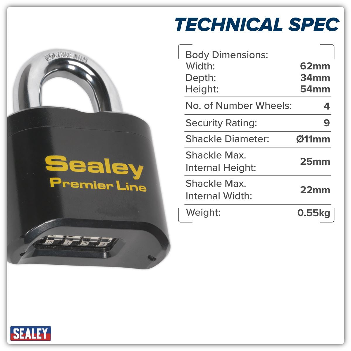 Sealey Steel Body Combination Padlock 62mm PL603