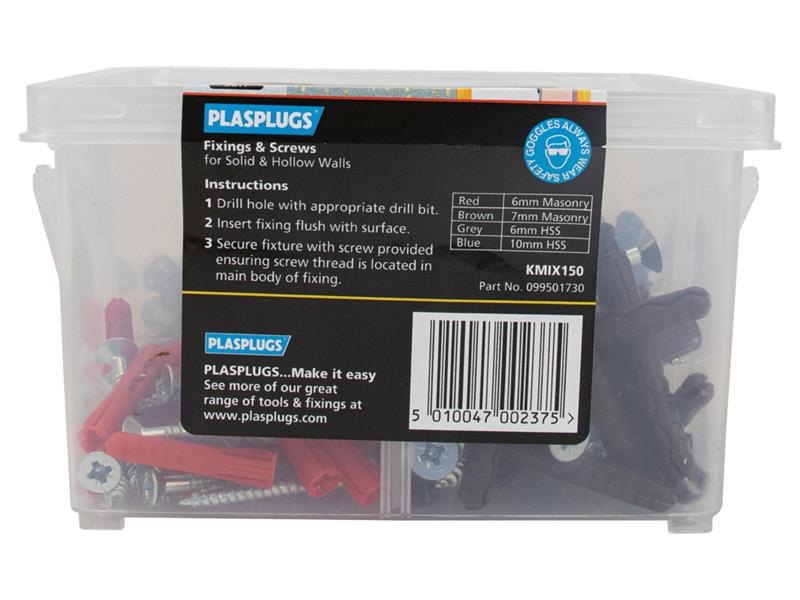 Plasplugs Fixings & Screws Kit for Solid & Hollow Walls, 150 Piece PLAKMIX150