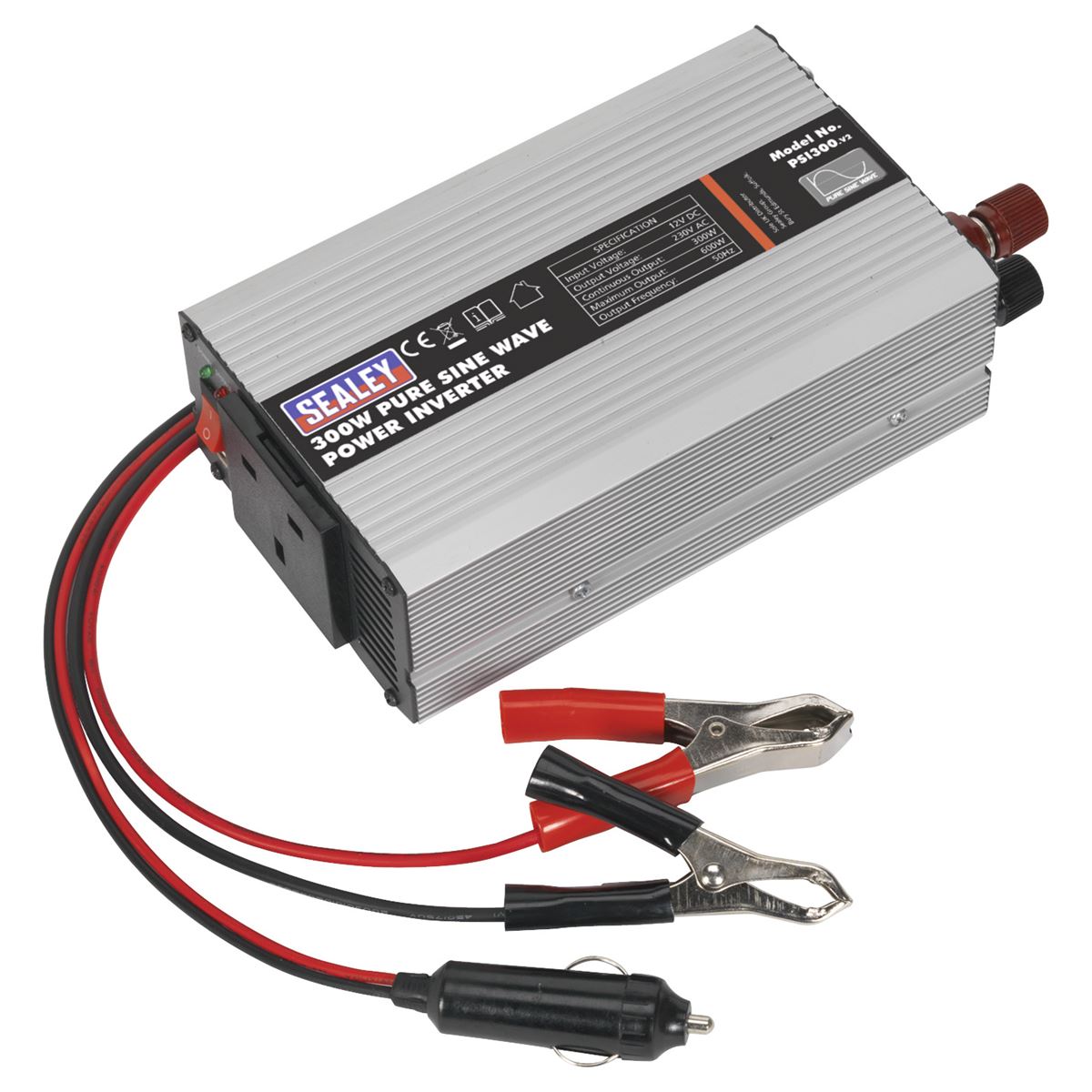 Sealey Power Inverter Pure Sine Wave 300W 12V DC - 230V ~ 50Hz PSI300