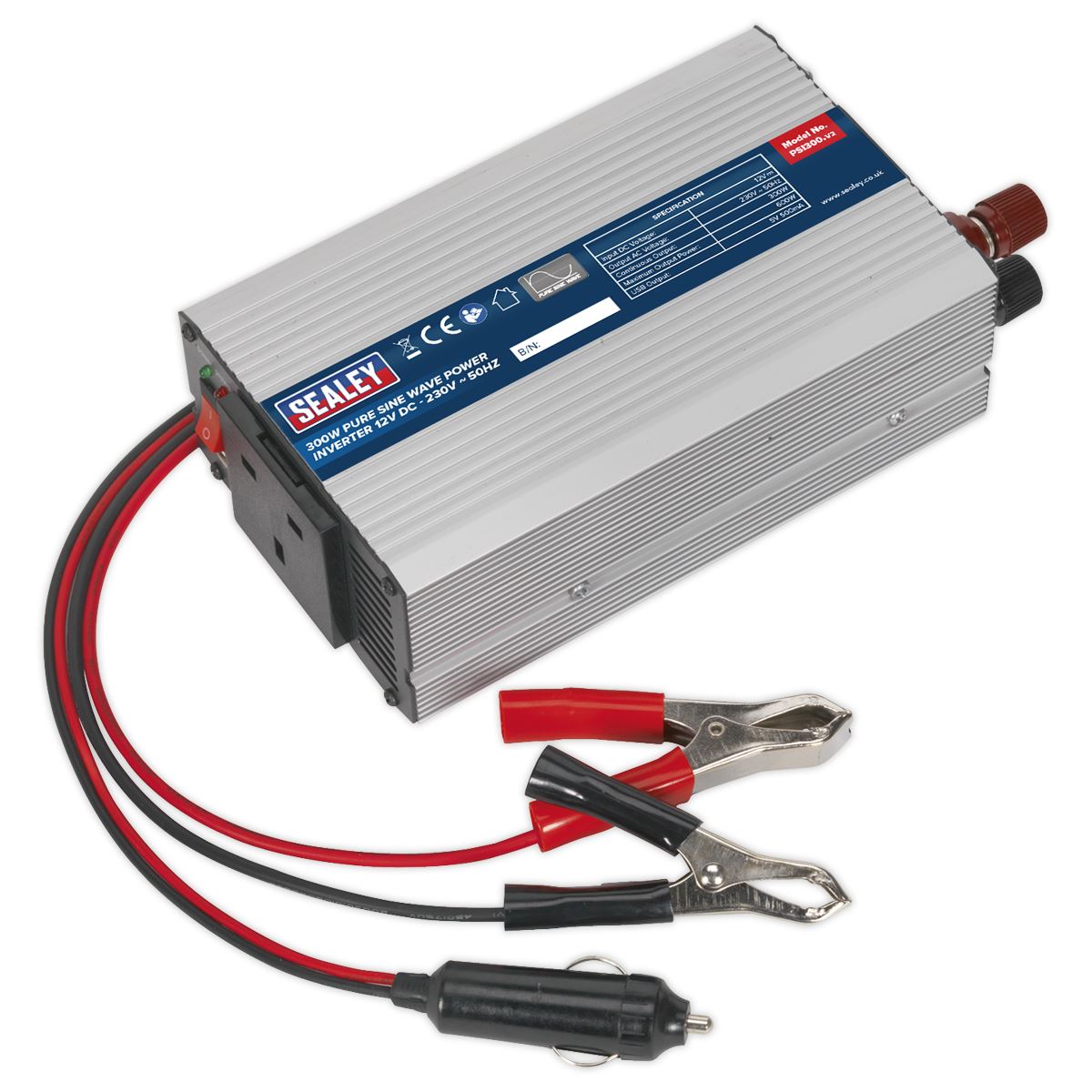 Sealey Power Inverter Pure Sine Wave 300W 12V DC - 230V ~ 50Hz PSI300