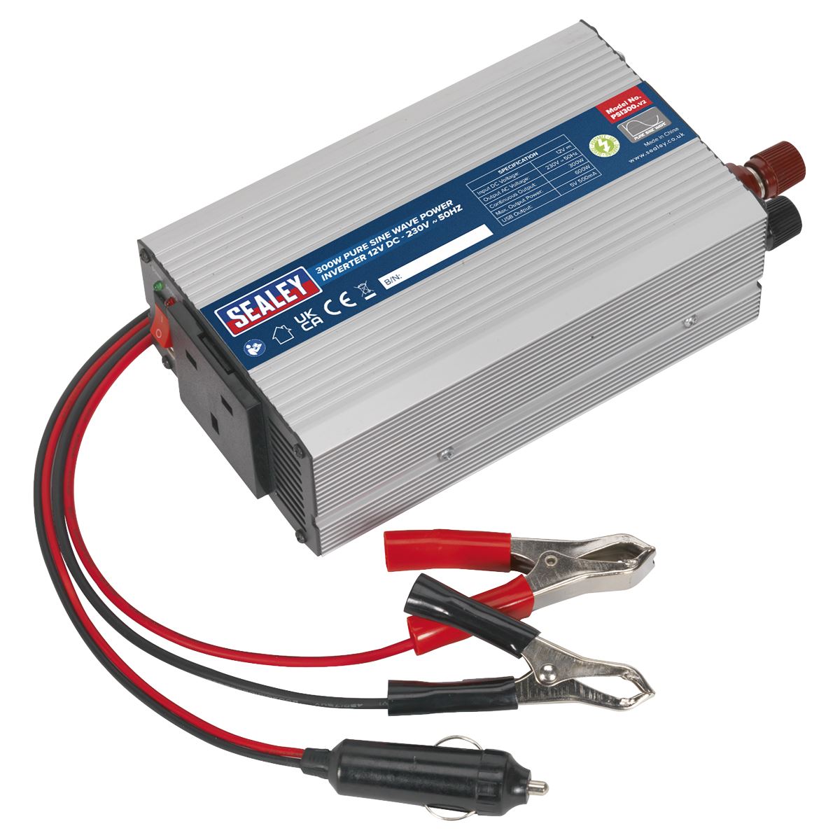 Sealey Power Inverter Pure Sine Wave 300W 12V DC - 230V ~ 50Hz PSI300