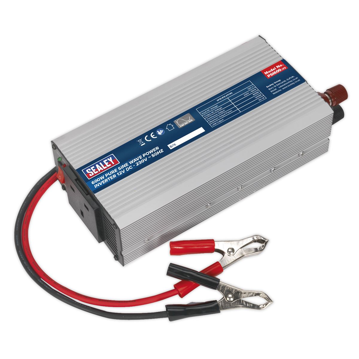 Sealey Power Inverter Pure Sine Wave 600W 12V DC - 230V ~ 50Hz PSI600
