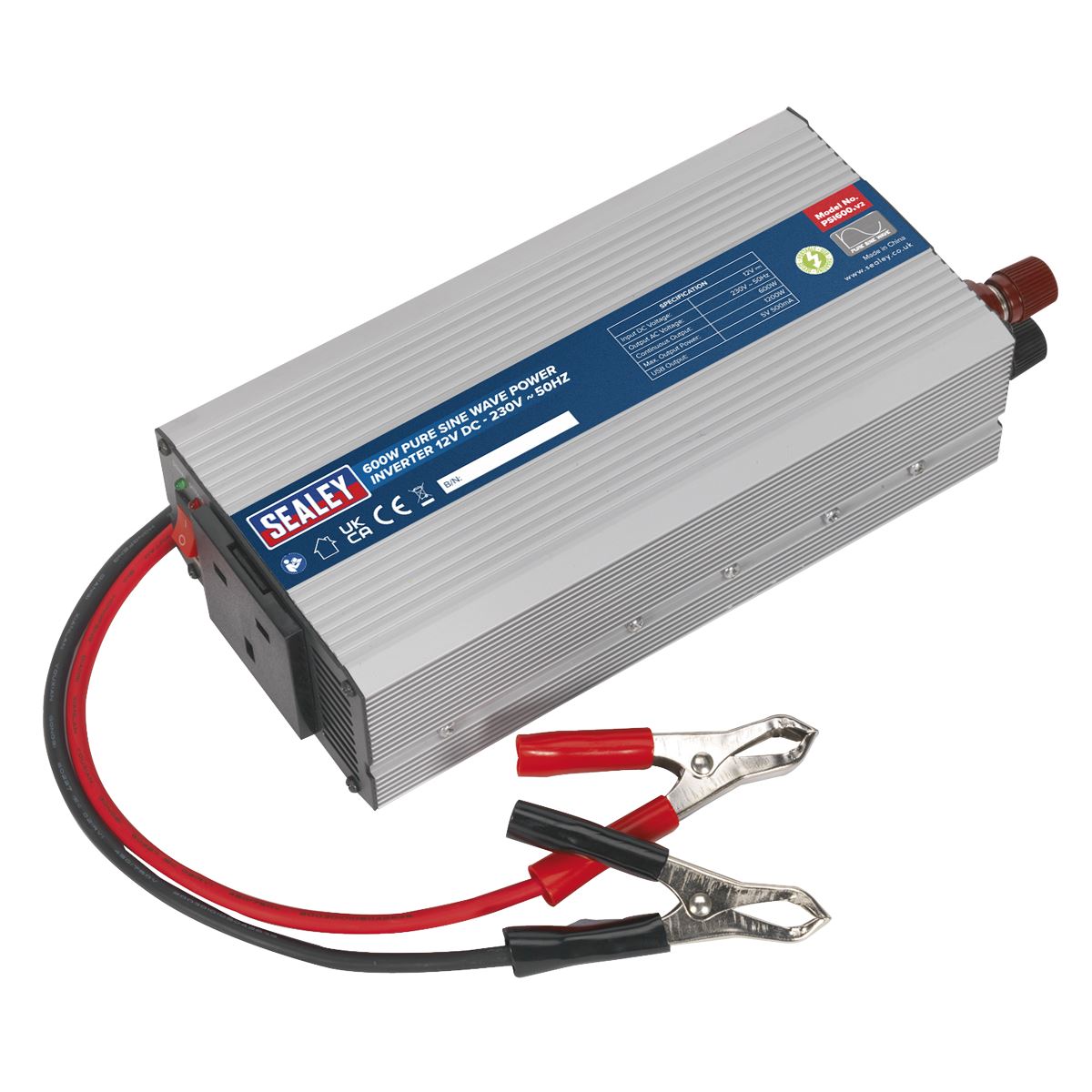 Sealey Power Inverter Pure Sine Wave 600W 12V DC - 230V ~ 50Hz PSI600