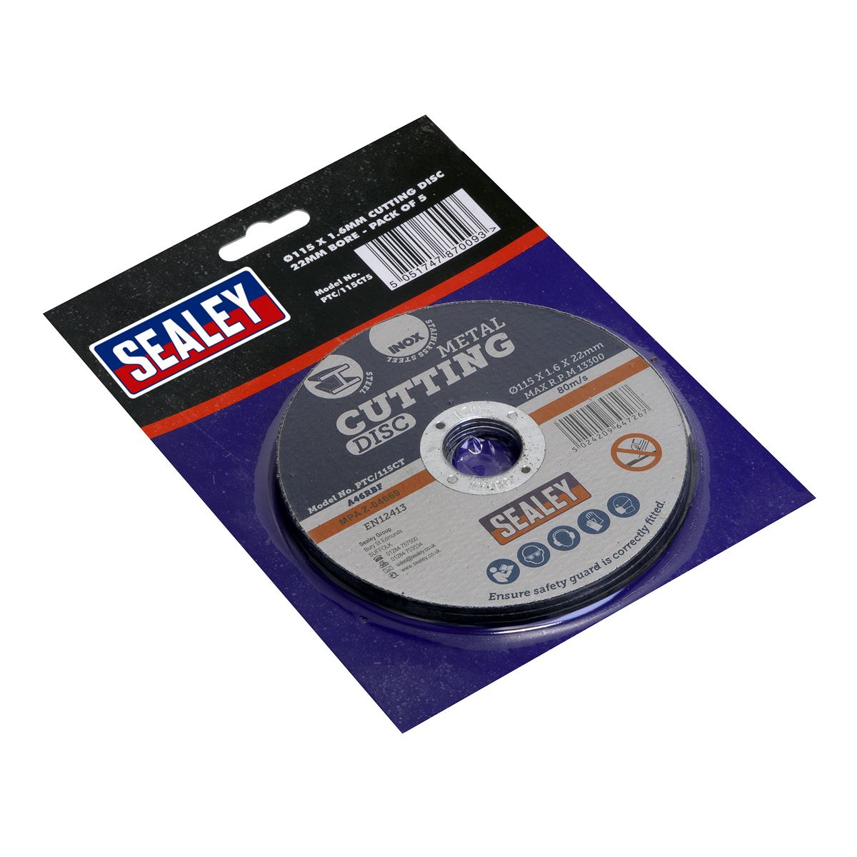 Sealey Cutting Disc �115 x 1.6mm �22mm Bore Pack of 5 PTC/115CT5
