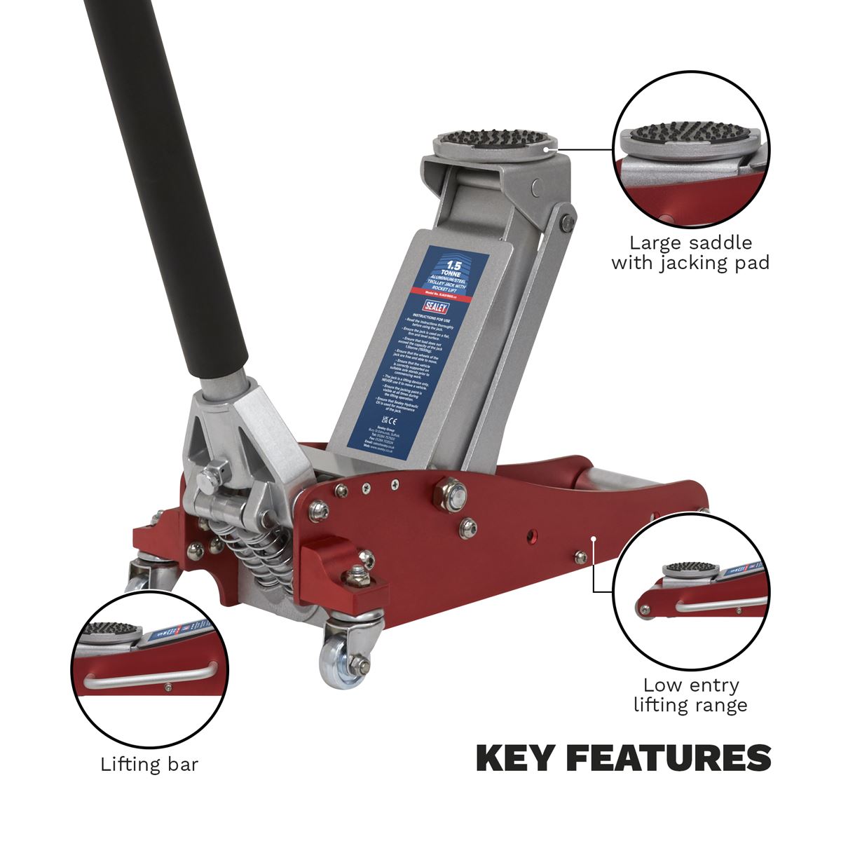 Sealey Trolley Jack 1.5 Tonne Aluminium/Steel Rocket Lift RJAS1500