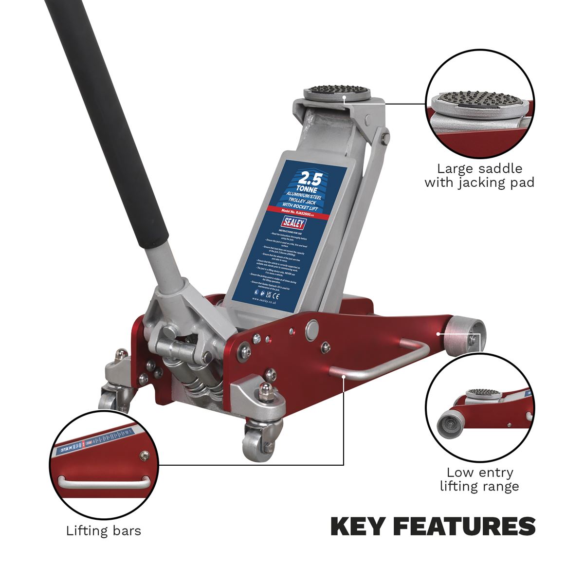 Sealey Trolley Jack 2.5 Tonne Aluminium/Steel Rocket Lift RJAS2500