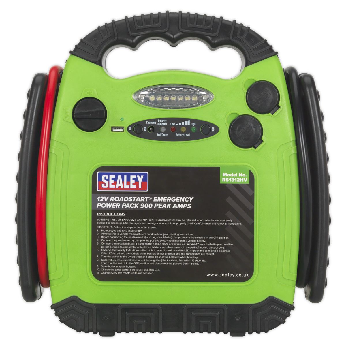 Sealey RoadStart® Emergency Jump Starter 12V 900 Peak Amps Hi-Vis Green RS1312HV