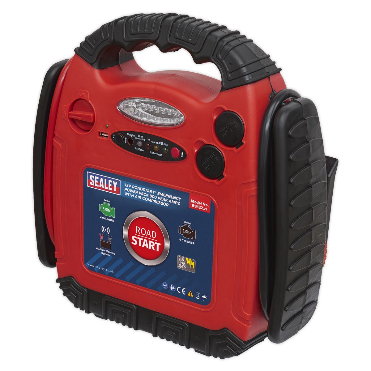 Sealey RoadStart® Emergency Jump Starter with Air Compressor 12V 900 Peak Amps RS132
