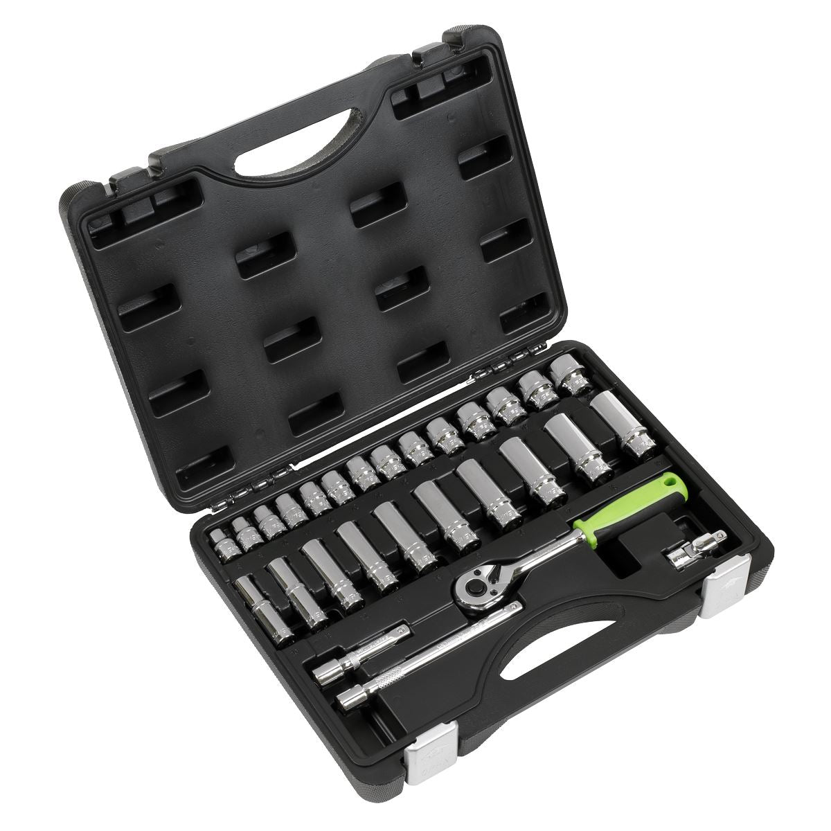 Sealey Metric Socket Set 28pc 3/8"Sq Drive 6pt Deep And Standard Length S01236