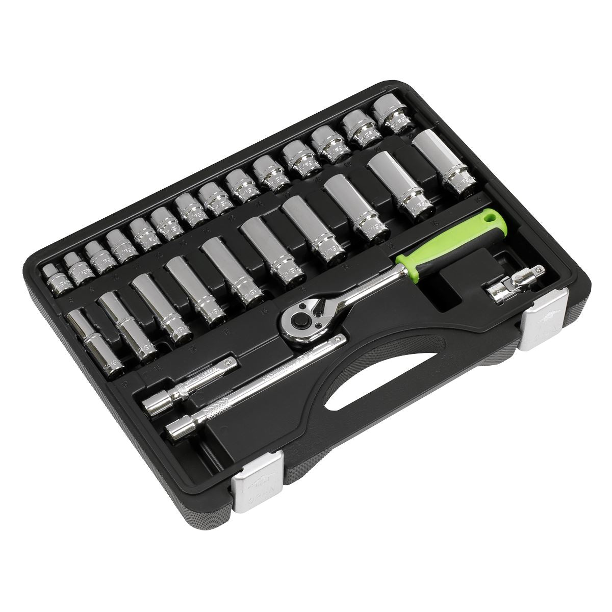 Sealey Metric Socket Set 28pc 3/8"Sq Drive 6pt Deep And Standard Length S01236