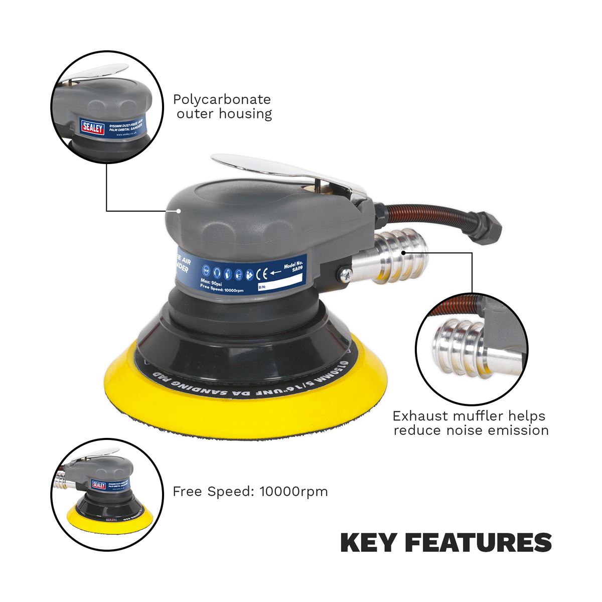 Sealey Air Palm Orbital Sander �150mm Dust-Free SA09