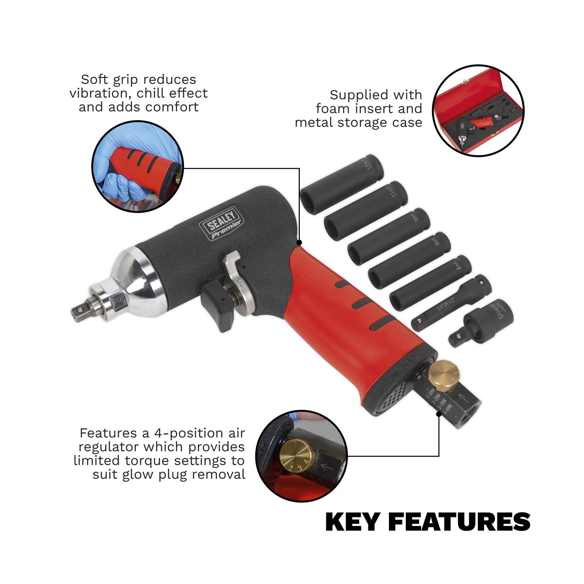 Sealey Air Impact Wrench 1/4"Sq Drive Diesel Glow Plug Kit SA141