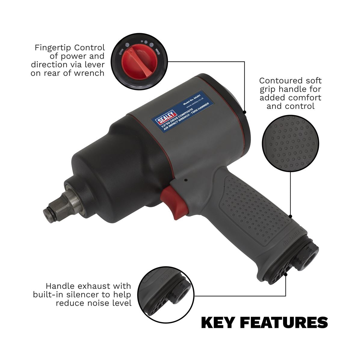Sealey Air Impact Wrench 1/2" Drive Composite Twin Hammer 590lb.ft 800Nm SA201