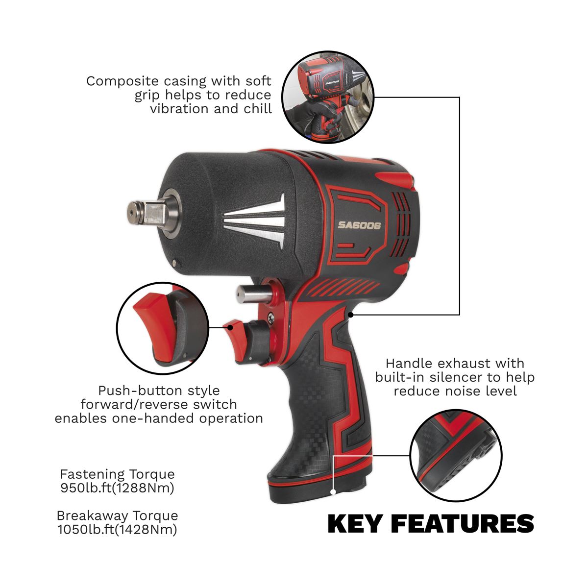 Sealey Composite Air Impact Wrench 1/2"D Twin Hammer 1050lb.ft 1428Nm SA6006