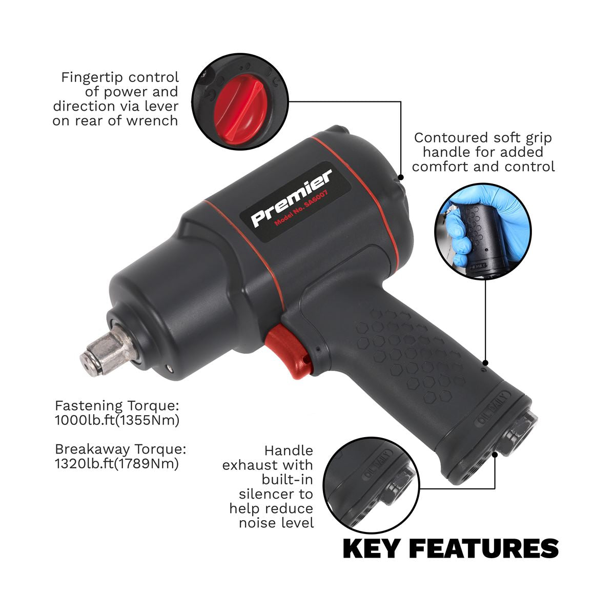 Sealey Air Impact Wrench 1/2" Drive Twin Hammer Torque 1320lb.ft 1789Nm SA6007