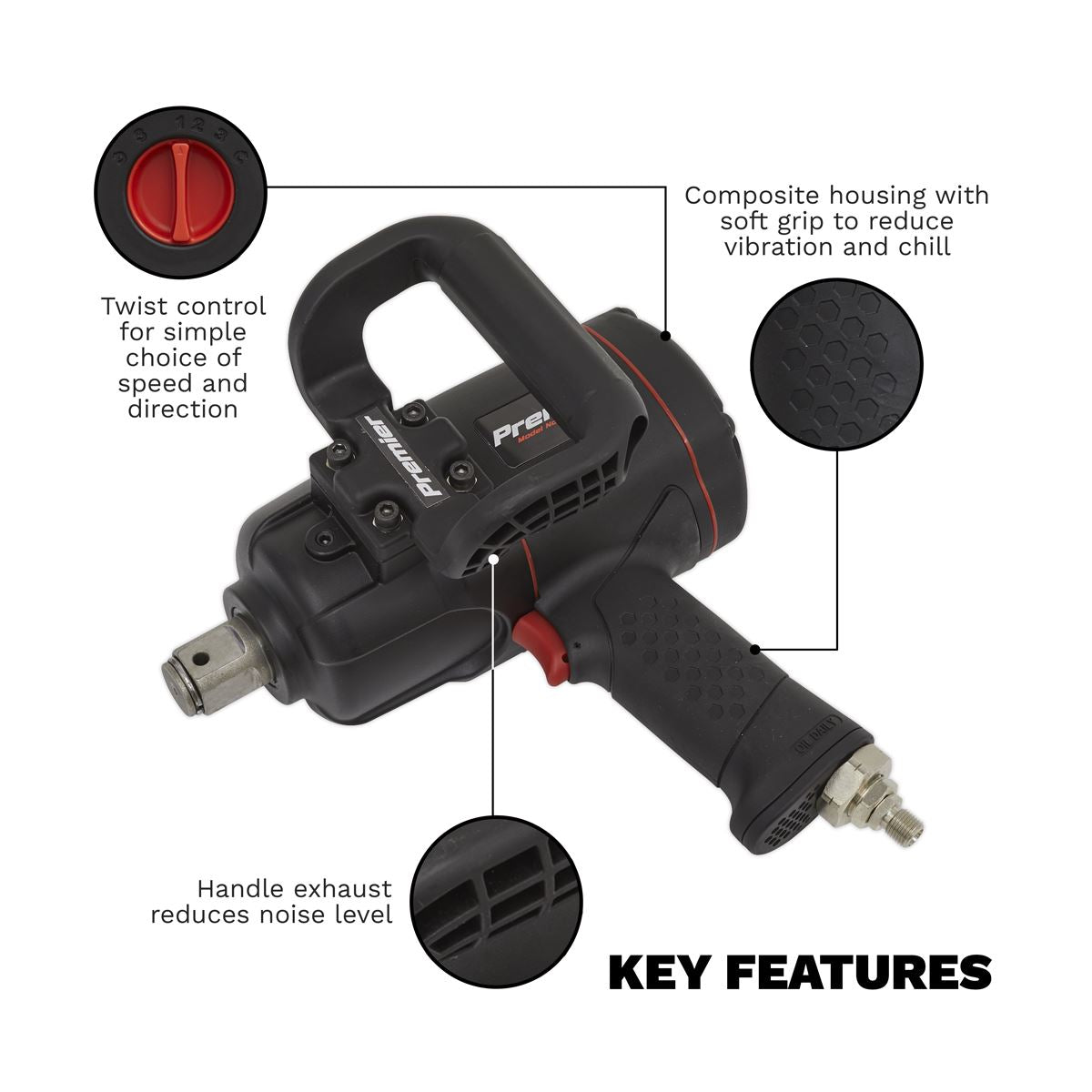 Sealey Air Impact Wrench 1"Sq Drive Twin Hammer Torque 2500lb.ft 3375Nm SA6008