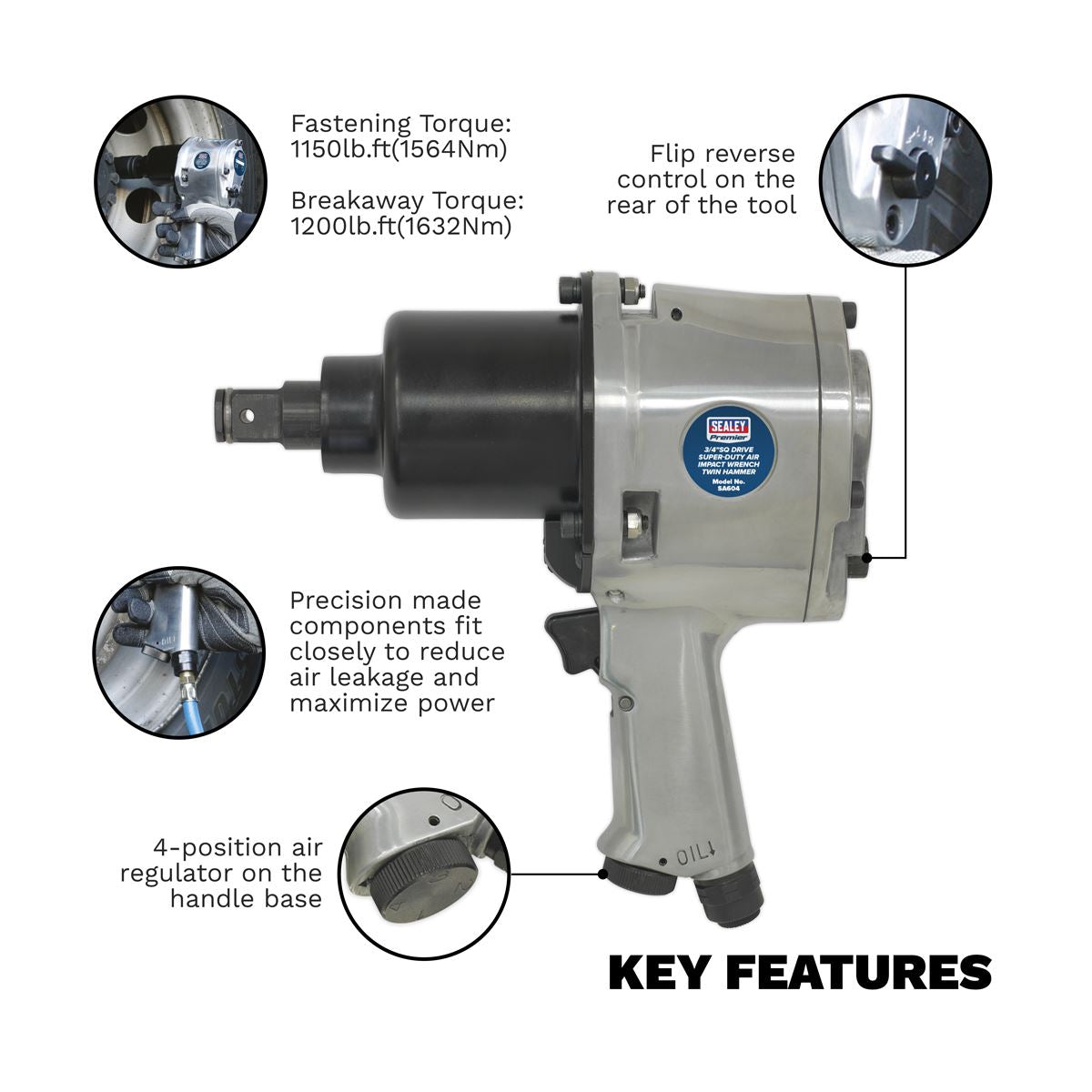 Sealey Air Impact Wrench 3/4"Sq Drive Super Duty Heavy Twin Hammer SA604