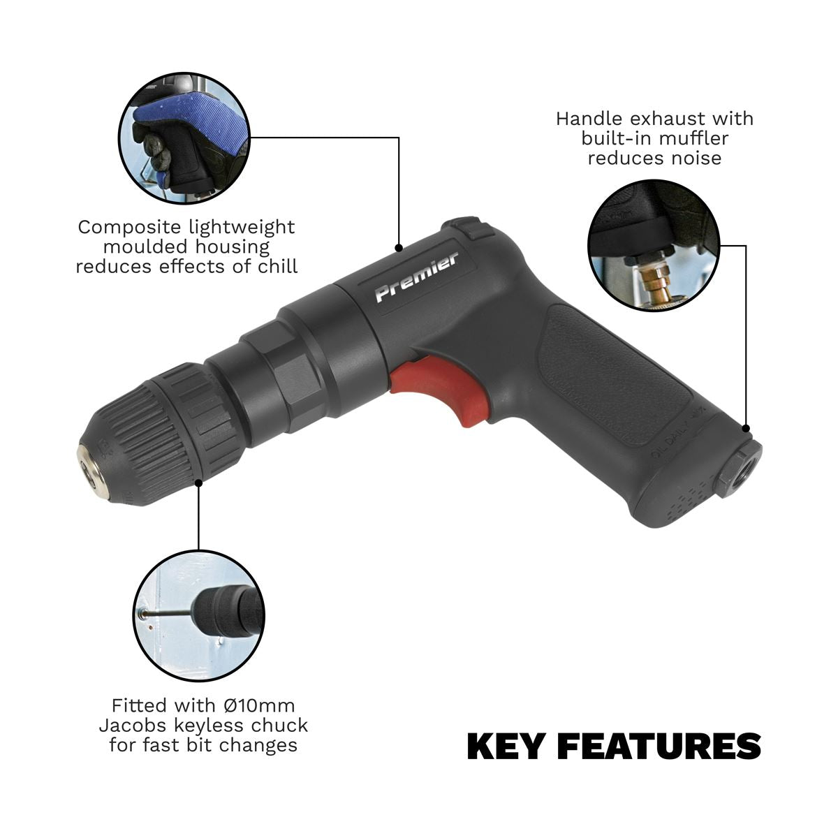 Sealey Air Pistol Drill �10mm with Keyless Chuck Composite Reversible - Premier SA620