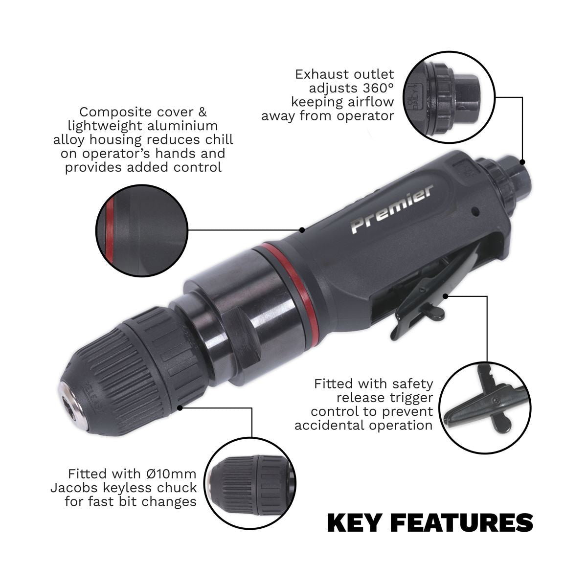Sealey Air Drill Straight with �10mm Keyless Chuck Premier SA622