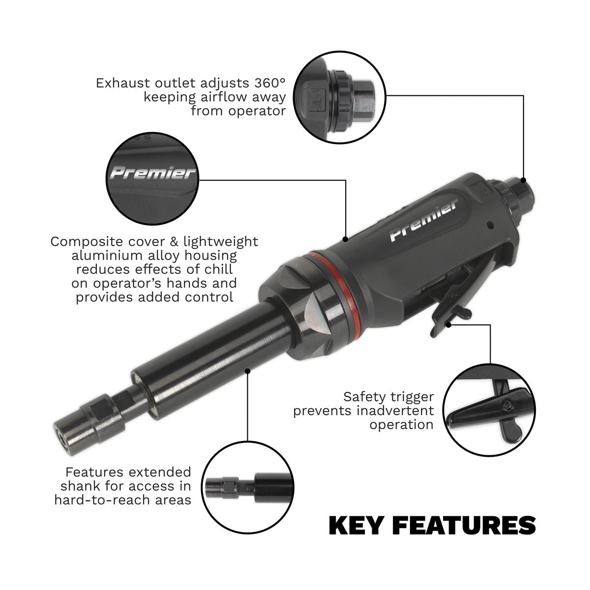 Sealey Air Die Grinder Maxi Size 260mm Long Reach Premier SA656