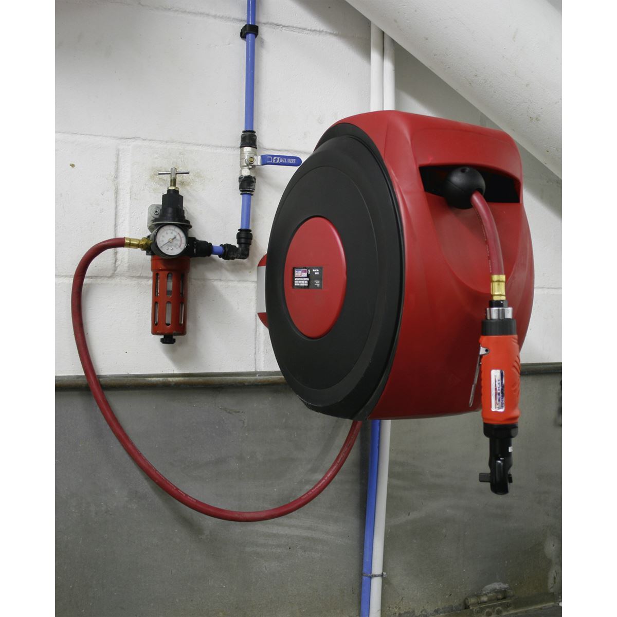 Sealey Air Hose Reel Auto Rewind Control 15 Metre 10mm ID Rubber Hose SA822