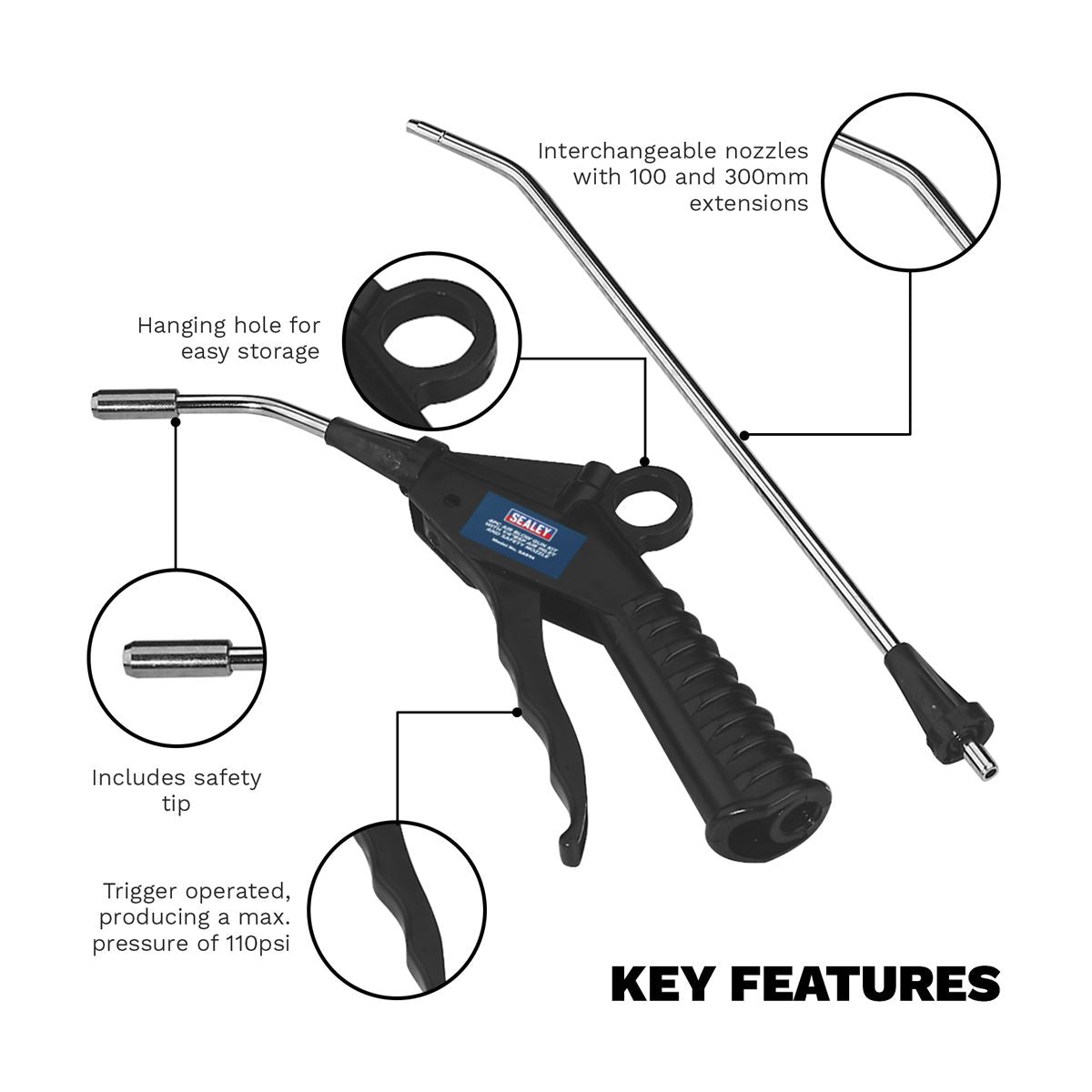 Sealey Air Blow Gun Kit 4pc With 1/4"BSP Air Inlet & Safety Nozzle SA914