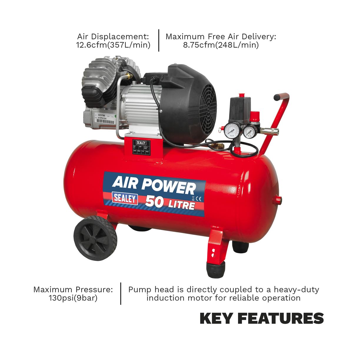 Sealey Air Compressor 50L V Twin Direct Drive 3hp SAC05030