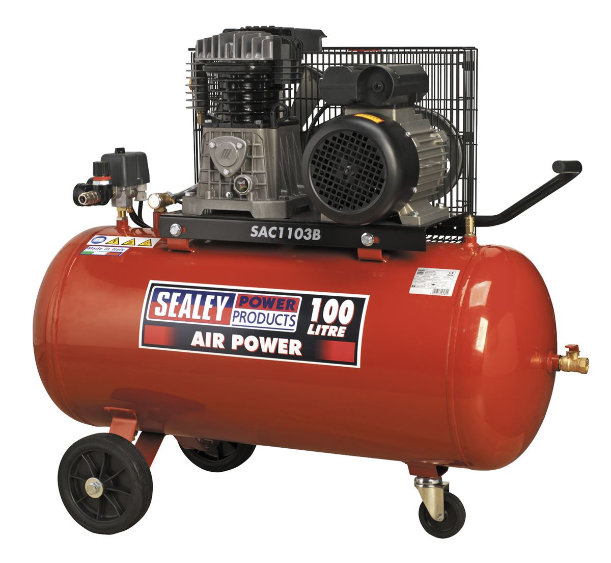 Sealey Air Compressor 100L Belt Drive 3hp with Cast Cylinders & Wheels SAC1103B